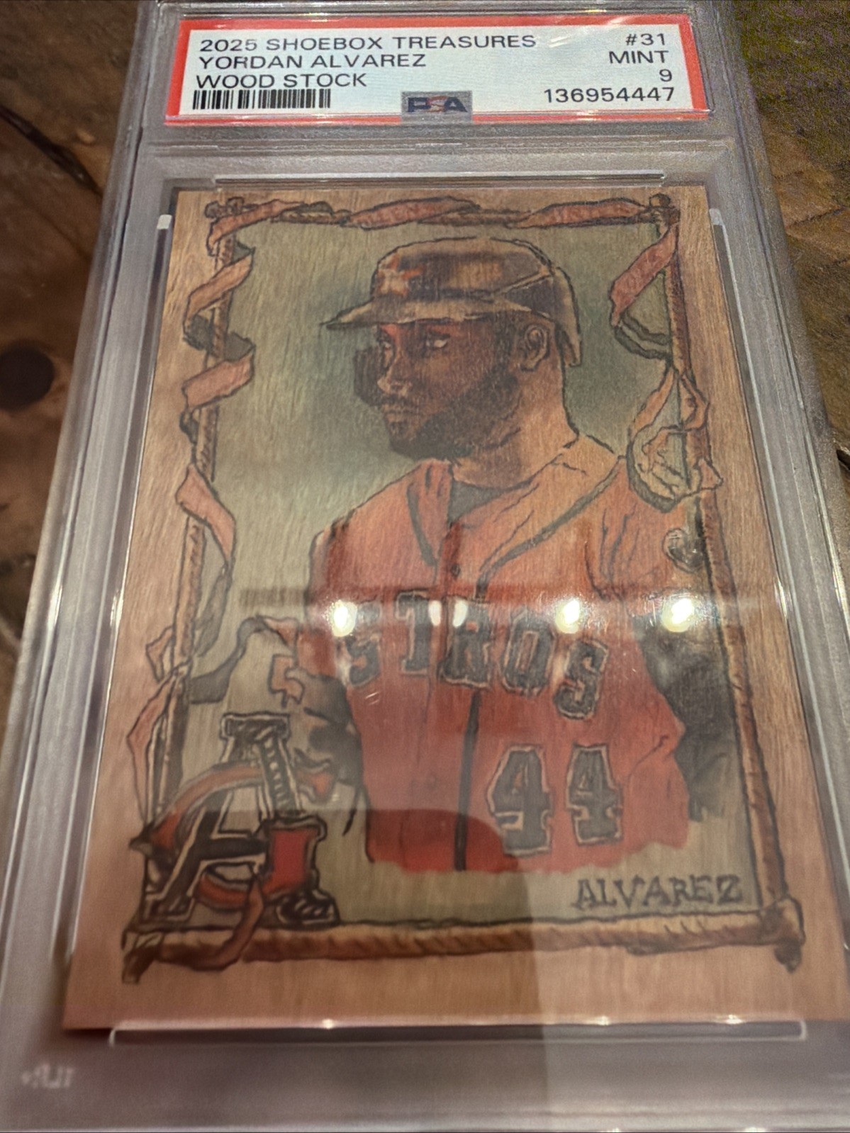 2025 Shoebox Treasures Yordan Alvarez Wood Stock /5 PSA 9 view 1