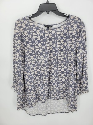 John Mark Top Womens Large Geometric Print Linen Artsy Long Sleeve Popover