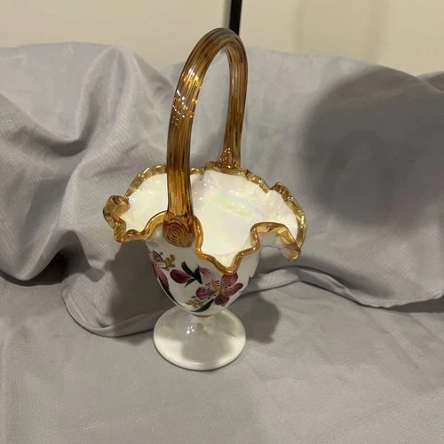 Fenton glass autumn gold crest hand painted basket. Iridized. C. Smith