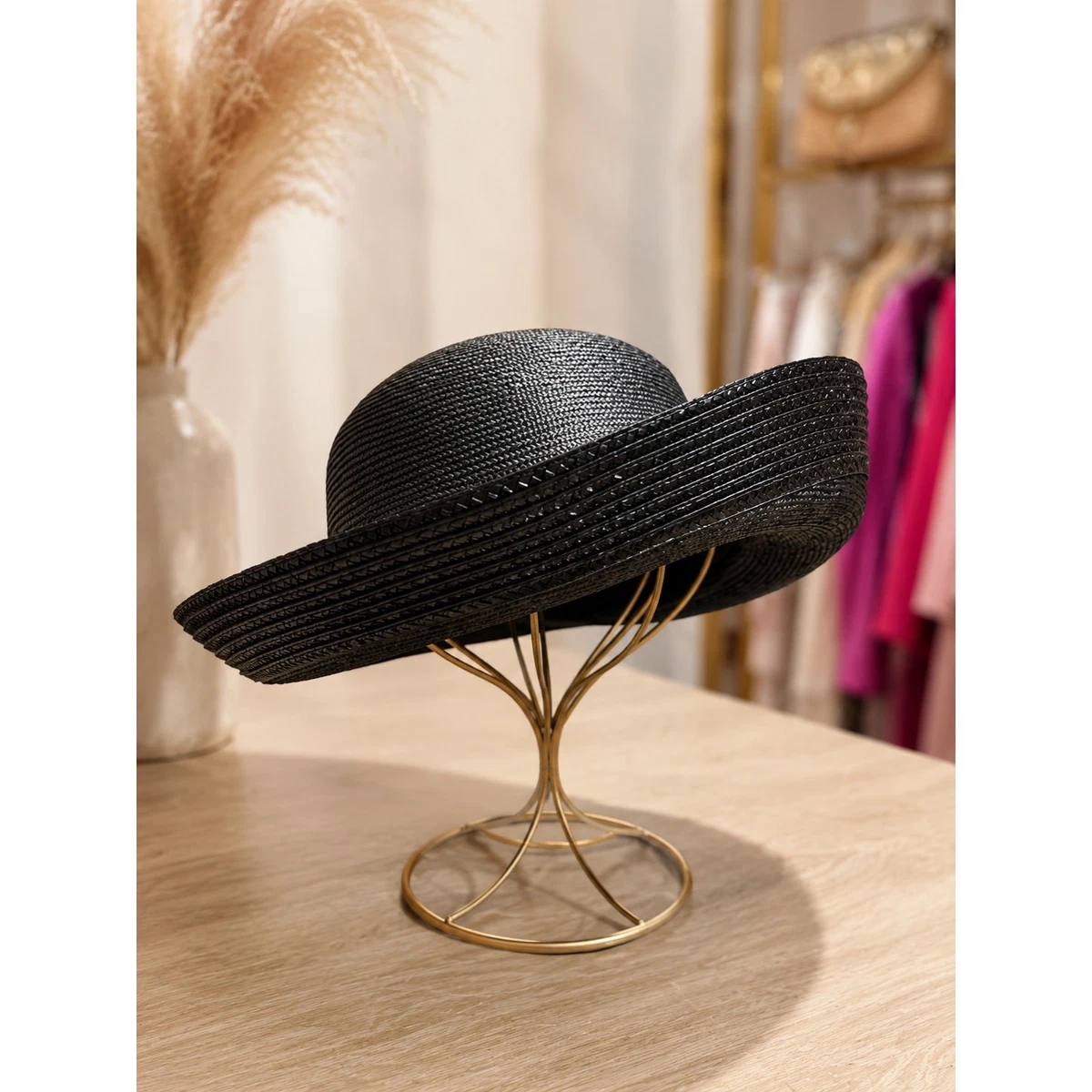 Classy Wide Brim Black Women\'s Straw Sun Hat with Skinny Band Amazon.com: Women main image 2