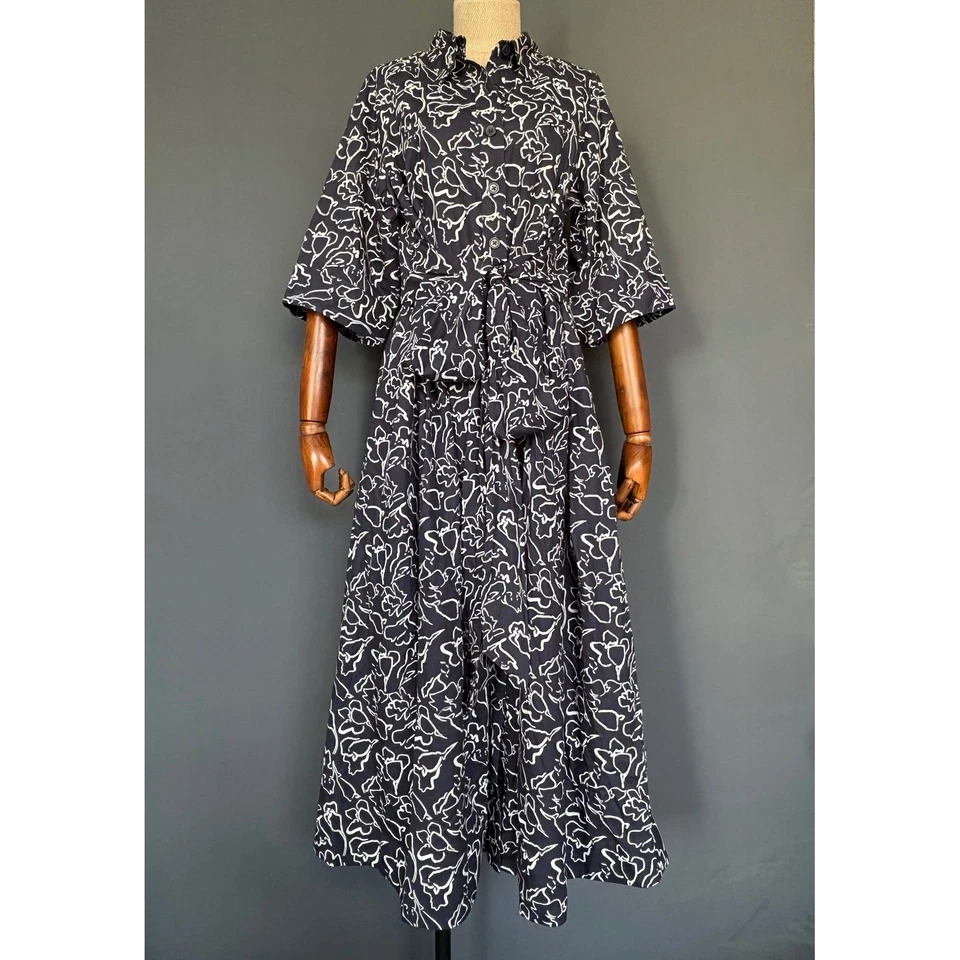 eShakti Dress | Size XL 18 | Navy White Floral Button Front Belted 3/4 Sleeve - Image 2 of 4