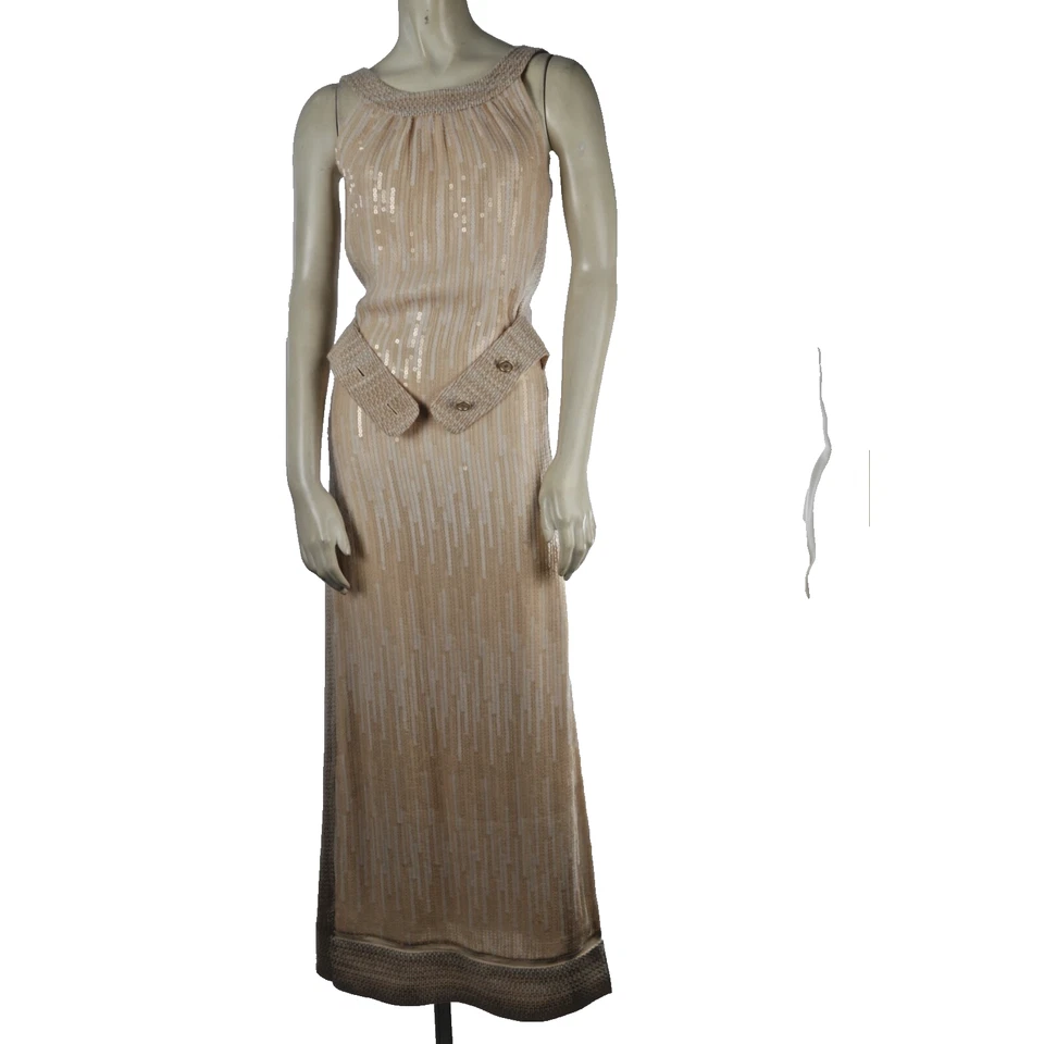 Maxi Vestido Chanel 2001 Vintage Beige Tweed Lentejuelas Adornado Sin Mangas 38 Foto 3 de 4