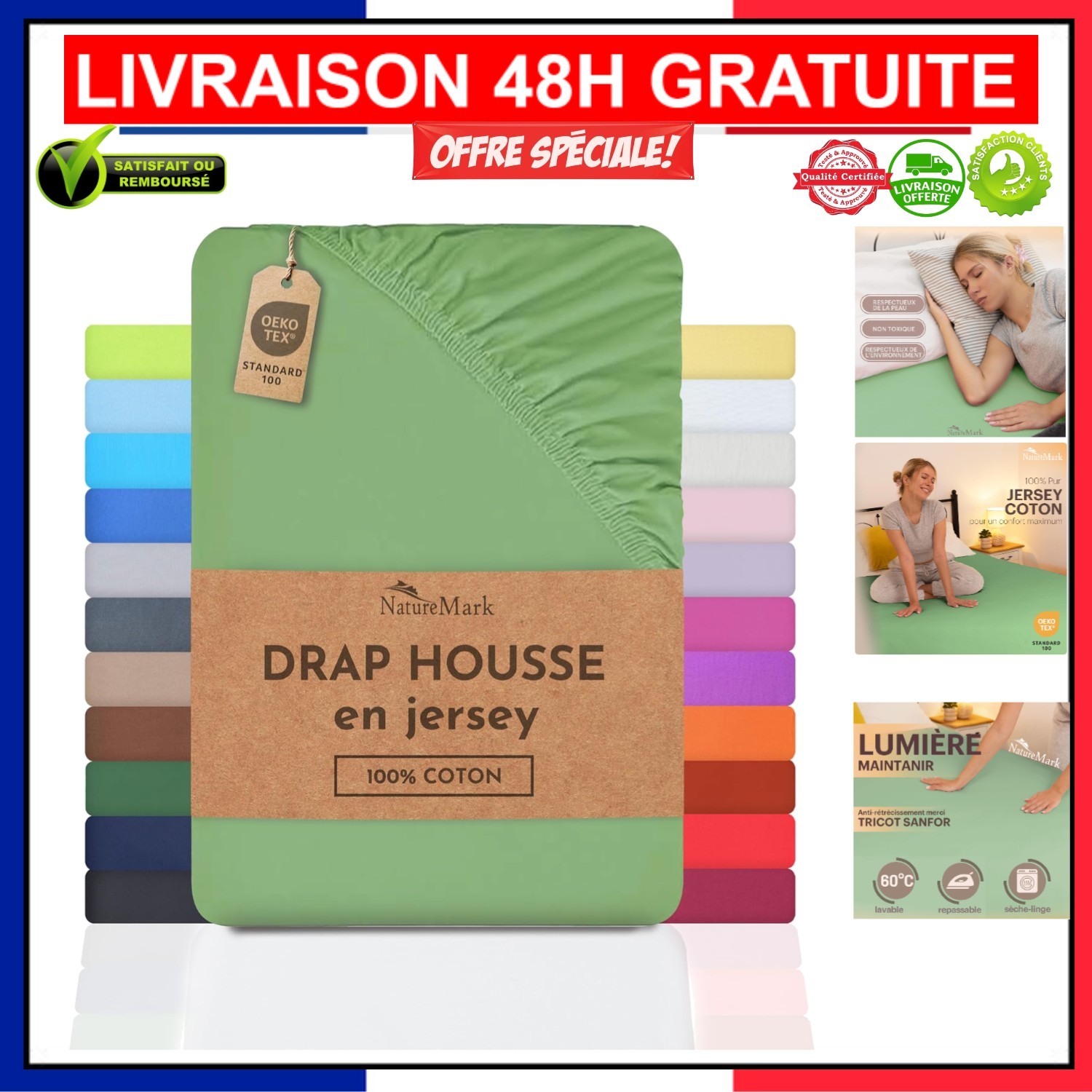 Drap-housse en coton NatureMark jade pour lit simple 90x200 cm