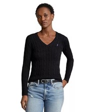 Polo Ralph Lauren Women's V Neck Cable Knit Sweater Black L NWT