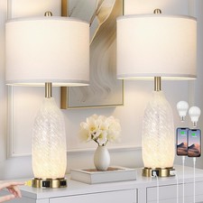 26" Modern Clear Glass Table Lamps Set of 2,Nightstand Lamp with USB A Ports ...
