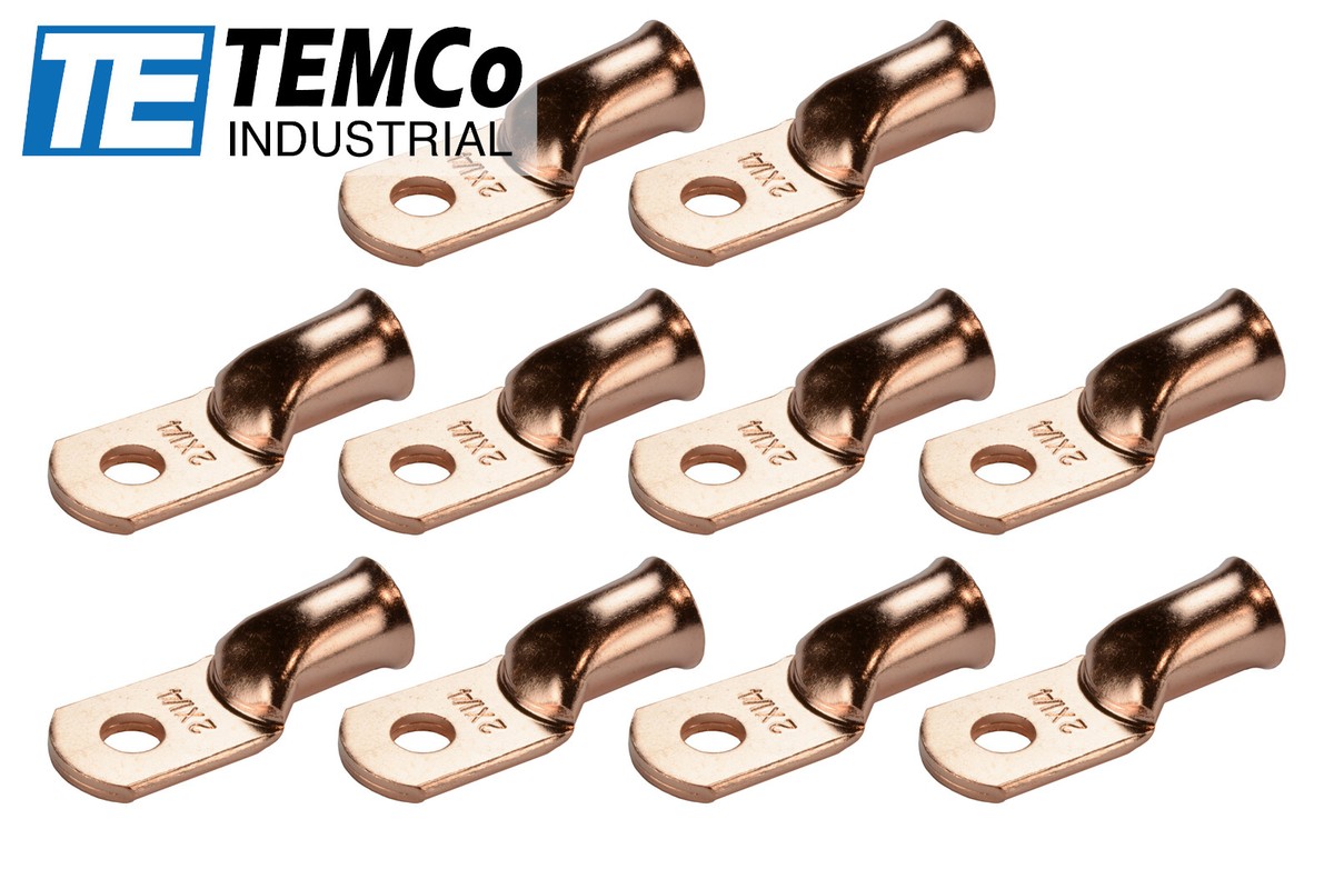 10-Pack Of 2/0 AWG Ring Terminal Lugs - 1/4" Hole, Bare Copper, Uninsulated