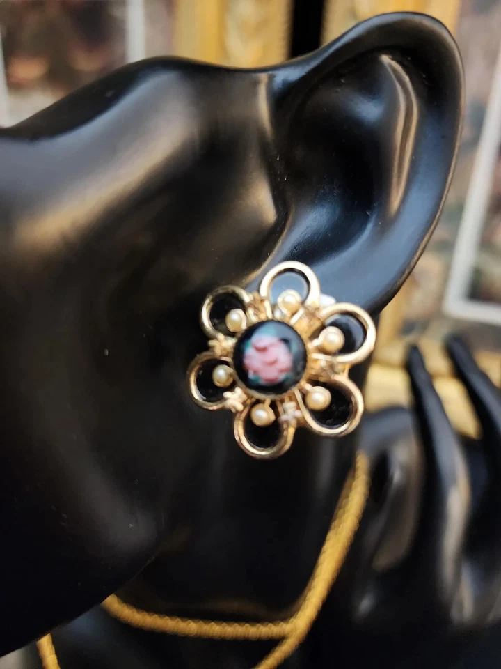 Joan RIvers винтажный вручную розы ожерелье и жемчуг акцент серьги G2U - Изображение 2 из 4