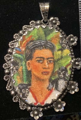 Mexican Sterling Silver Frida Kahlo Hand painted LARGE Pendant
