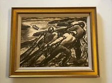 ANTIQUE PAINTING JO CAIN WPA ARTIST FAMOUS FISHERMAN WORKERS BEACH COASTAL SEA