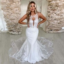 Elegant Mermaid Wedding Dresses Scoop Neck Lace Applique Bridal Gown Court Train