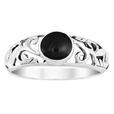 Intricate Lace Swirl Vines Round Black Onyx Sterling Silver Ring-9