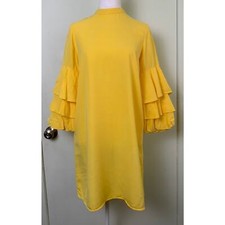 Zara Dress Womens XS Frilled Tiered Mini Yellow Crew Neck 3/4 Sleeves