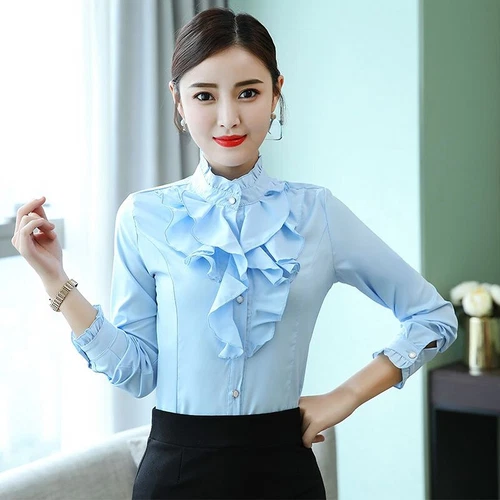 Camisa Blusa Top Oficina Dama Cuello Alto Volantes Manga Larga Calce Ajustado Formal - Imagen 11 de 23