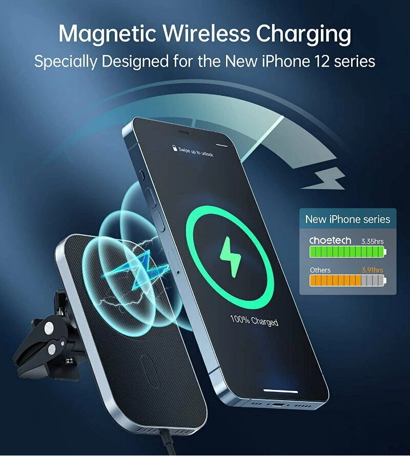 Choetech 15W MagSafe Magnético RÁPIDO Inalámbrico Cargador Coche Soporte iPhone 15 14 13 Foto 2 de 4
