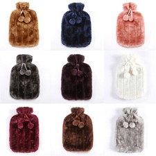 Grand sac pour bouteille d'eau chaude en caoutchouc 2 L et housse chaude fausse fourrure moelleuse à pompons