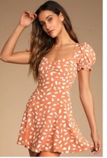 Lulus Oh My Darlin' Orange Print Puff Sleeve Mini Dress Sweetheart L