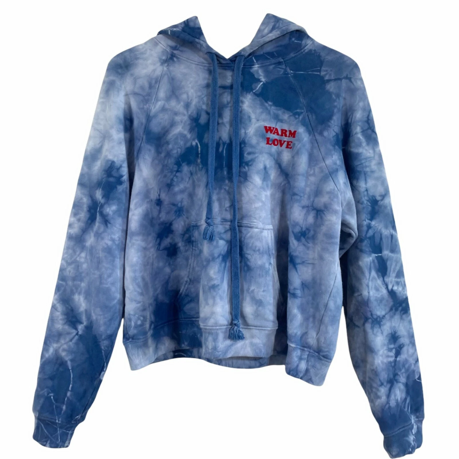 Warm Tie-Dye Love Hoodie Sweatshirt M Cotton Long Sleeves Kangaroo Pocket Blue