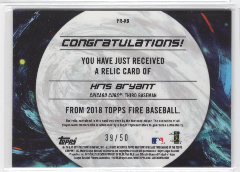 2018 Topps Fire Relics Purple Kris Bryant 39/50 Chicago Cubs #FR-KB - Image 2 of 2