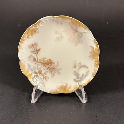 Antique Limoges France Porcelain Butter Pat Hand Painted Florals, Gold Gilt Edge