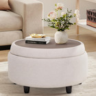 Fabric Round Storage Ottoman Reversible Tray Footrest Hidden Coffee Table Beige