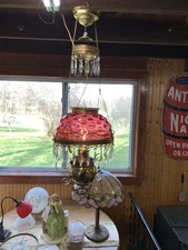 RARE Antique Victorian Cranberry Shade Hanging Bradley Hubbard Oil Lamp