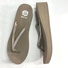 Yellow Box Rhinestone Wedge Flip Flops 11 Taupe Brown Leather Bling Y2K Glam