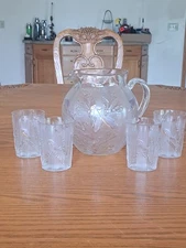 William Heacock Fish & Seaweed Old Pattern Glass Lemonade Set Pitcher 4 Tumblers