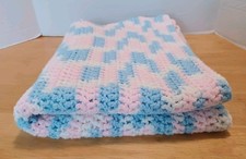 Handmade Baby Blanket Pastel Pink Blue White Crochet 26x42" Stroller Car Seat
