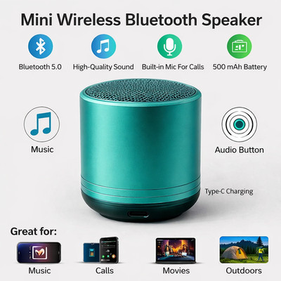 Mini Wireless Bluetooth Lautsprecher Blau | Tragbarer Audio Lautsprecher Mikrofon USB-C