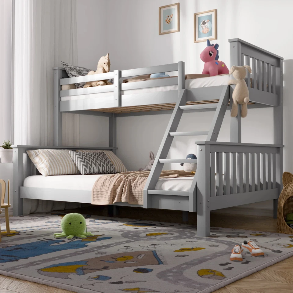 Triple Bunk Beds for Kids Solid Pine Wood Single Double Bed Frame With Mattress