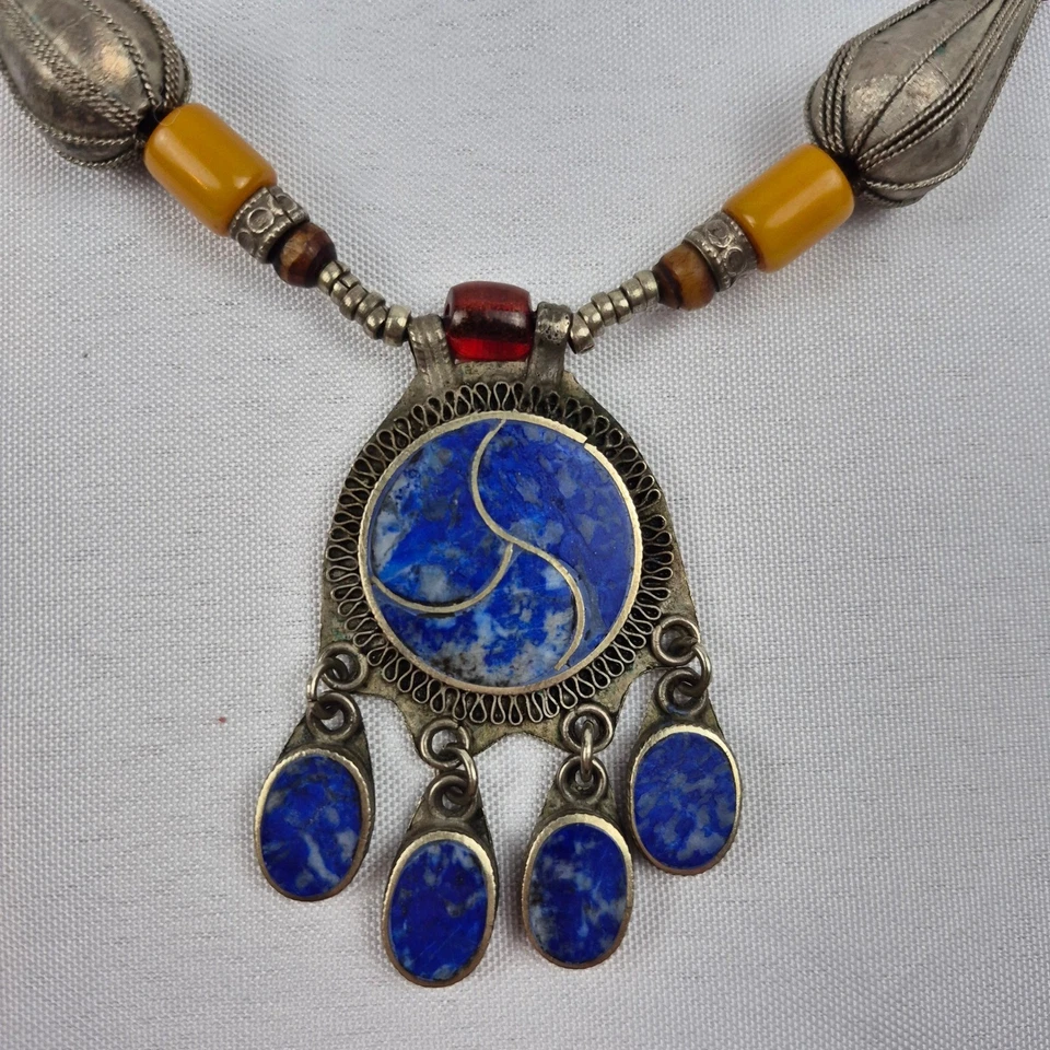 Collar Tribal Boho Kuchi Estilo 28" Azul Vidrio Colgante Étnico De Colección Foto 2 de 4