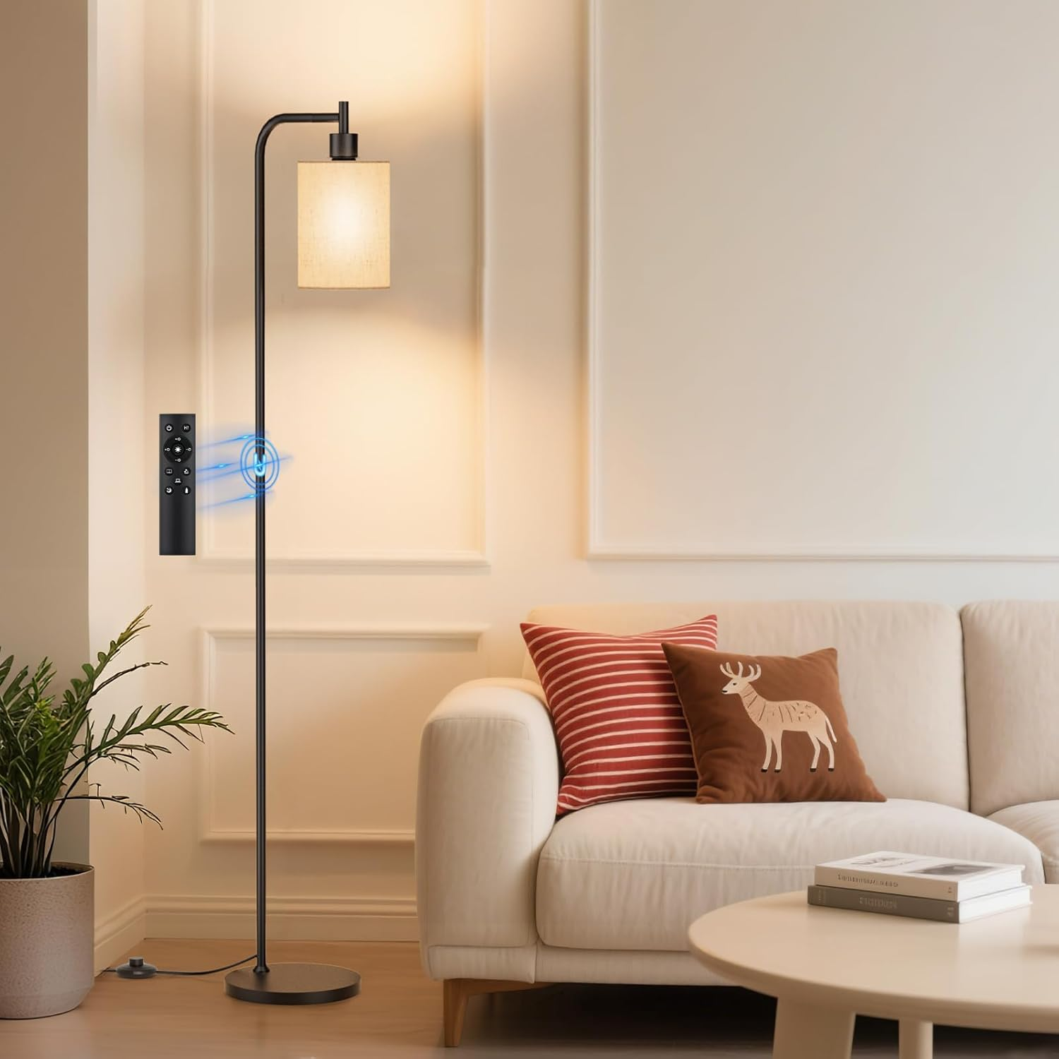 Dimmable Floor Lamp with Remote 3 Light Modes Linen Shade Tall Standing Light-image