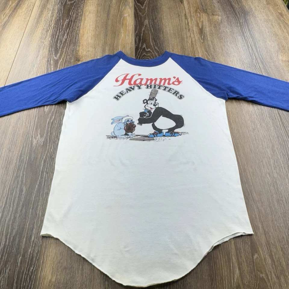 Camisa Hamms De Colección Para Hombres L Blanca Azul Heavy Hitters Softbol Oso Cerveza Jersey Foto 3 de 4
