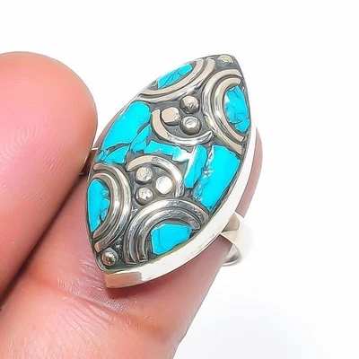 Bague réglable pierre précieuse turquoise argent tibétain bijou ancien... - Photo 1/4