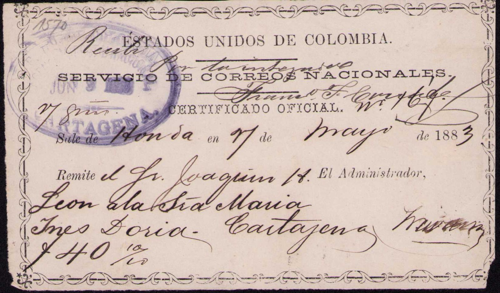 COLOMBIA - OFFICIAL INSURED LETTER - HONDA to CARTAGENA - 1883 - Sc GO8b RR