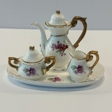 Vintage Japan Miniature Porcelain Tea Set Pink Flowers Gold Trim Dollhouse 6 Pc