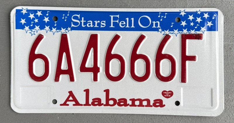 NOS AL license Plate Alabama Lic 6A4 666 F Stars Fell on Alabama 