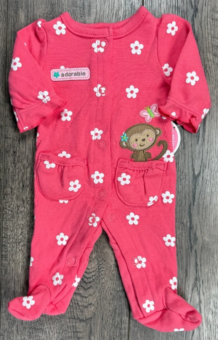 Baby Girl Clothes New Child Mine Carter's Preemie Pink Monkey Footed Outfit