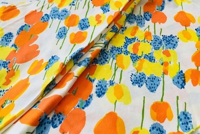 Vtg Vera Neumann Round 72'' Floral Tulips Orange Yellow Blue Cotton Tablecloth 