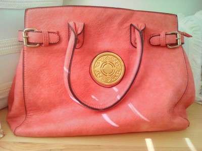 Coral colored B. Makowsky Leather Tote with 24K Gold-plated Medallion