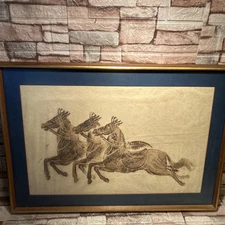 Thai Temple Charcoal Rubbing Rice Paper Art Horses