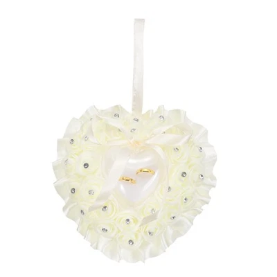 Oreiller pour mariage 7.5x7.5 cm avec strass, blanc crème pour anneaux - Photo 1/4