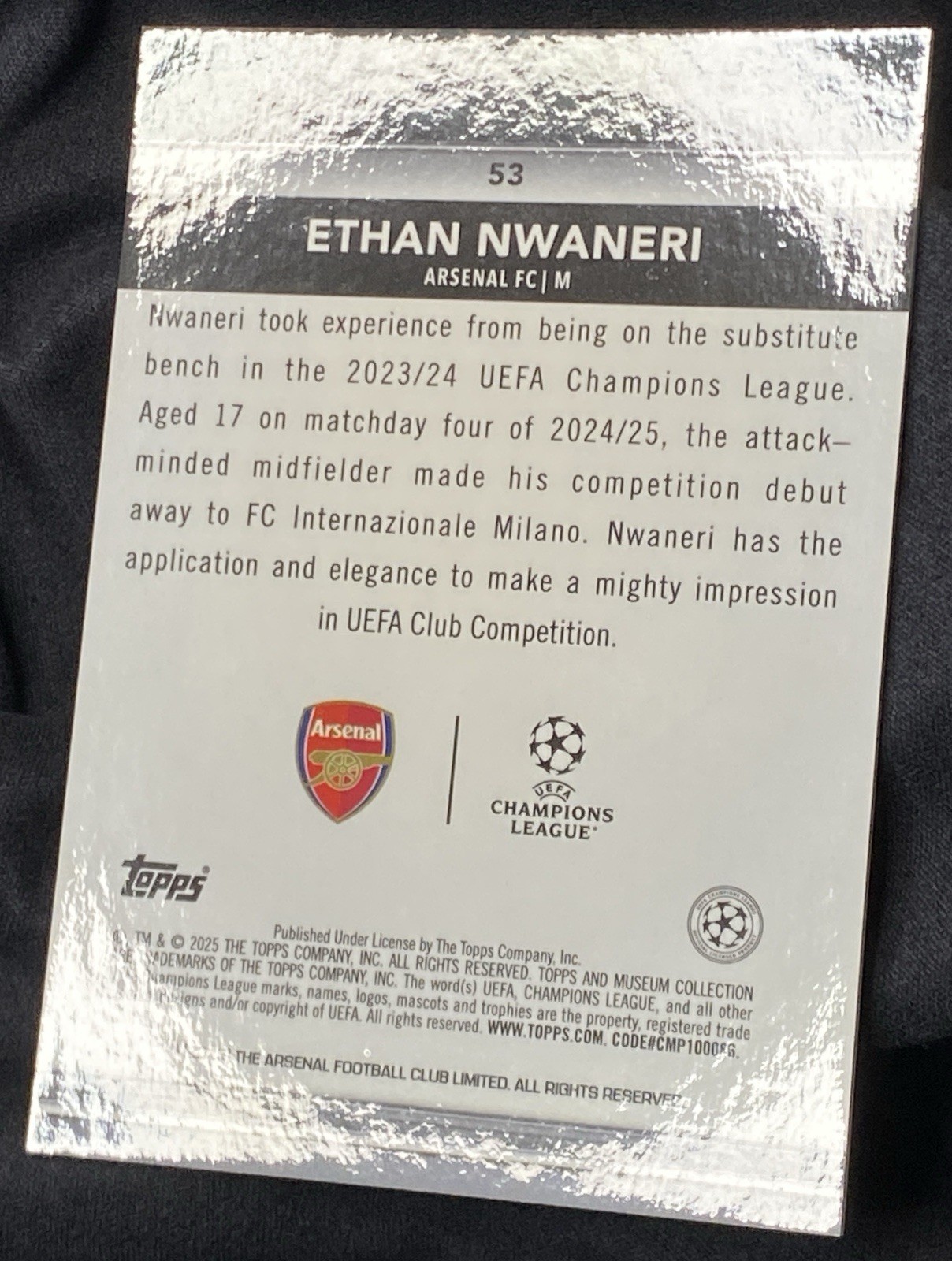 2024-25 Topps Museum Collection #53 ETHAN NWANERI /99 Amethyst - ROOKIE Arsenal view 3