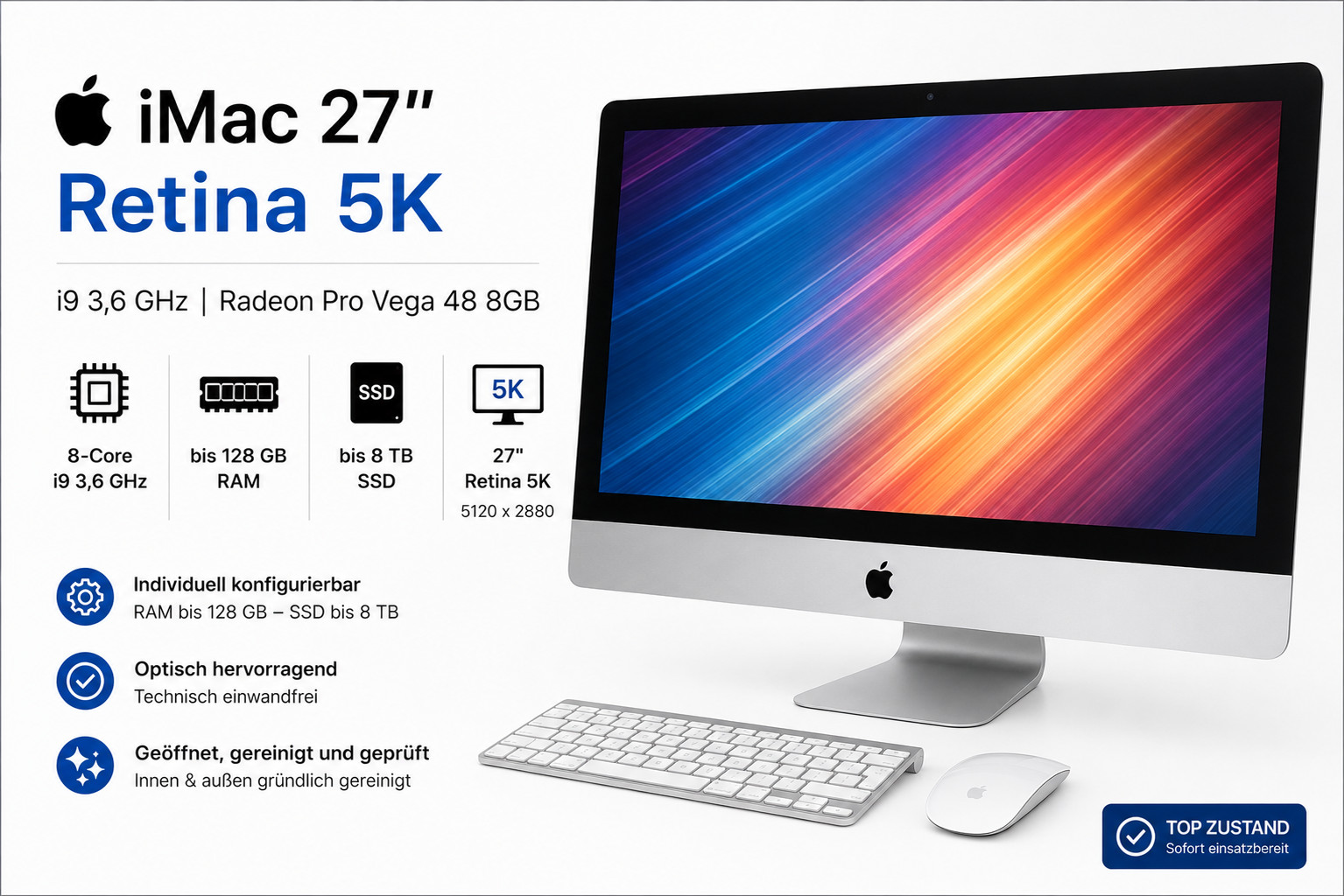 Apple iMac 27" Retina 5K i9 3,6GHz Vega 48 8GB bis 128GB RAM 8TB SSD ✅MwSt.✅TOP