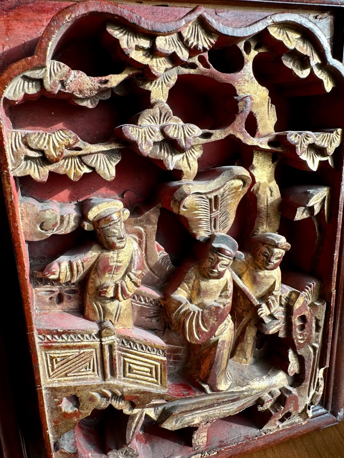 2 Antique Chinese Red & Gilt Wooden Deep Carved Panel Wood 19th Century
