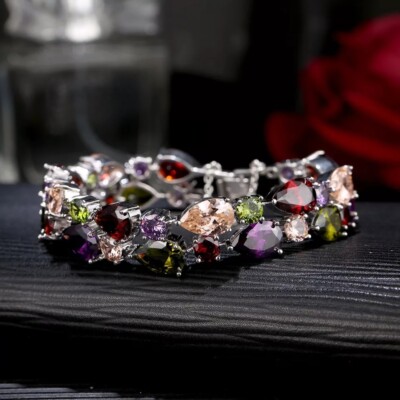  Weißvergoldet Zirkon Multi Stein Mona Lisa Armband Armreif für Frauen