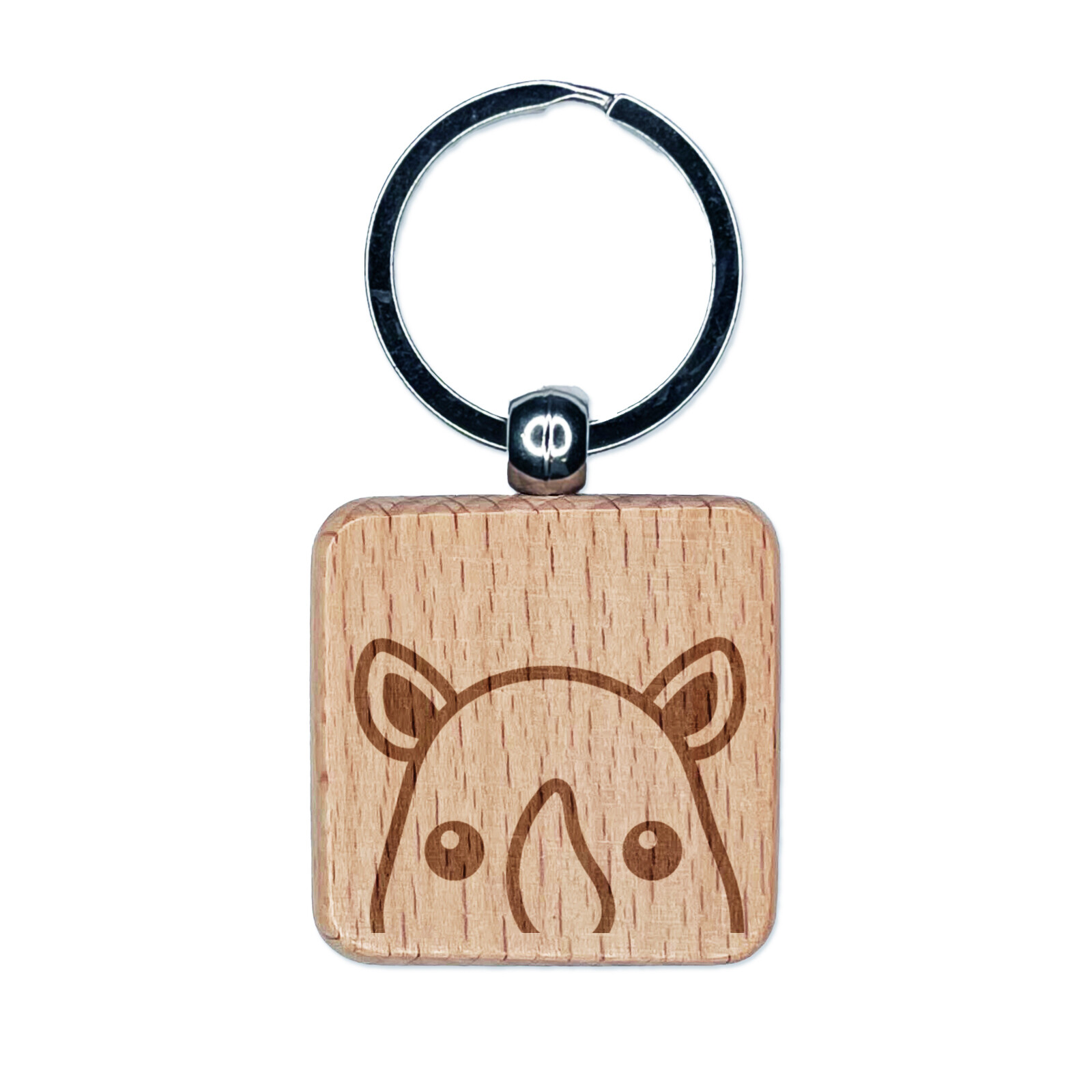 Peeking Rhino Engraved Wood Square Keychain Tag Charm