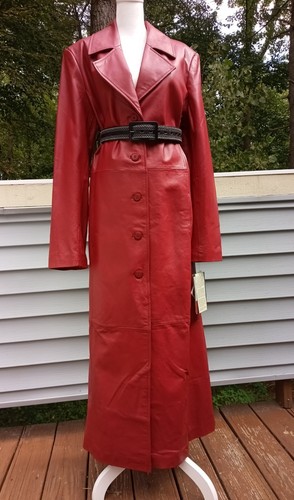 NWT VTG Gorgeous Leather Coat Long Red Timeless Classy-Spy Style size Large-Tall - Picture 4 of 10