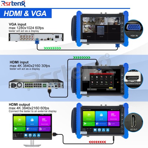 Rsrteng 7" 8K IPC-7600CADHS HDMI VGA POE HD CVI TVI SDI AHD CCTV Camera Tester - Picture 9 of 12