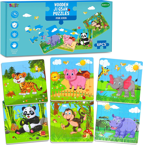 6 Packs Wooden Animals Jigsaw Puzzle, Early Educational Learning Toys Set Presch